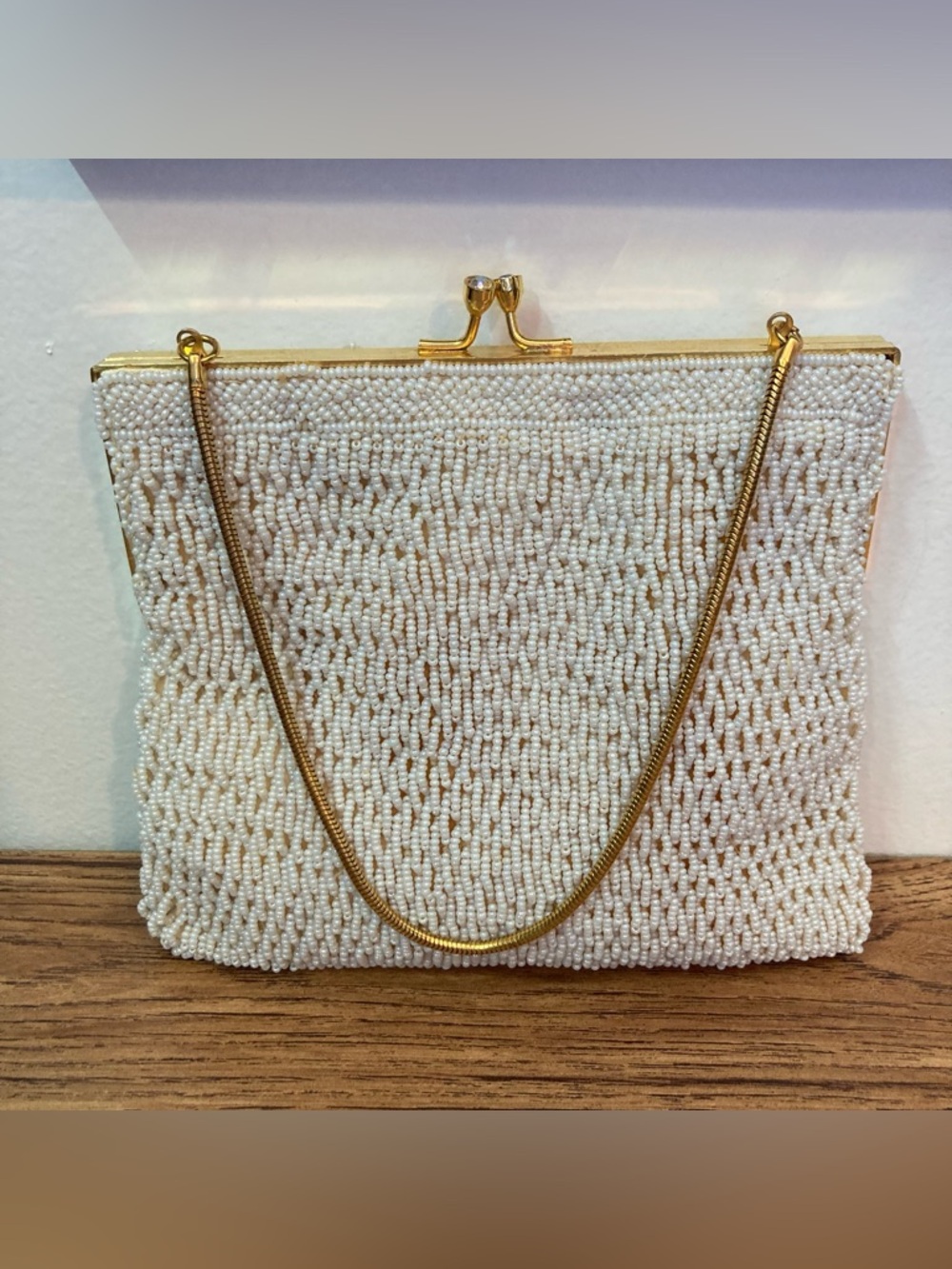 Vintage Off-White Beaded Hand Made in Hong Kong Small Purse